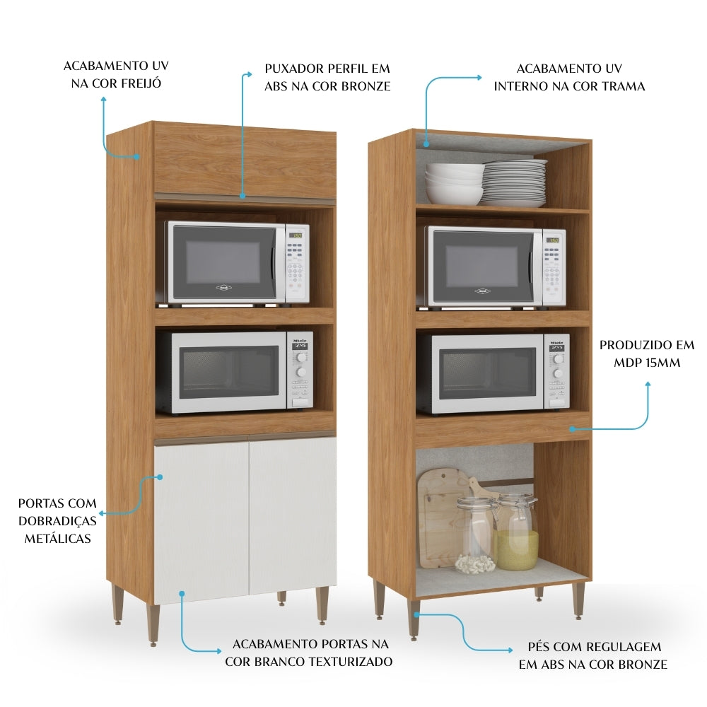 Torre Quente Forno e Microondas Para Cozinha Paris Menu Móveis Freijó/Branco