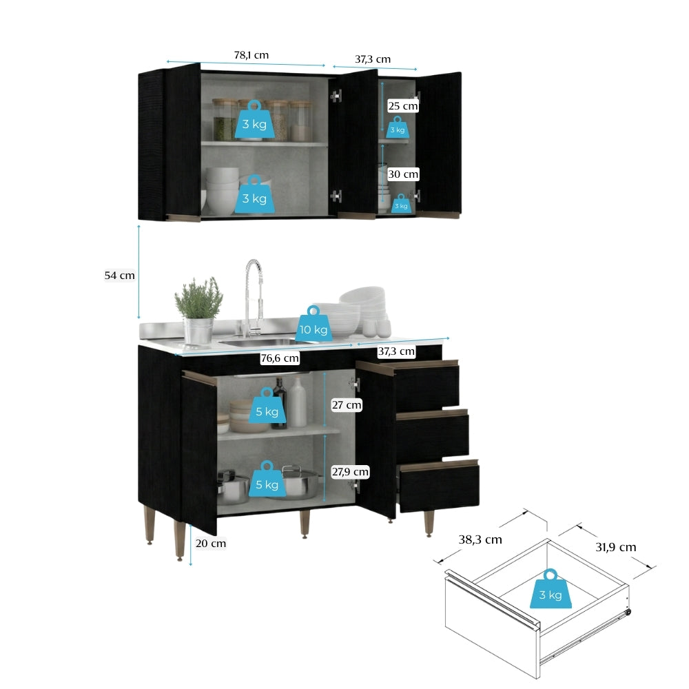 Armário de Cozinha Compacta Modulada 2 peças Milão Menu Móveis Preto