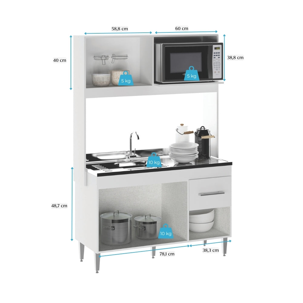 Armário de Cozinha Compacta 122 cm Helena 3 Portas Menu Móveis Branco