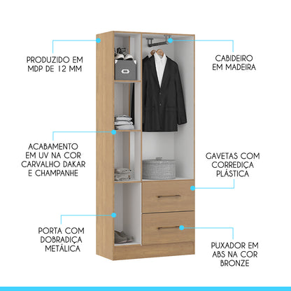 Guarda Roupas de Solteiro com 3 Portas 2 Gavetas Menu Móveis Carvalho