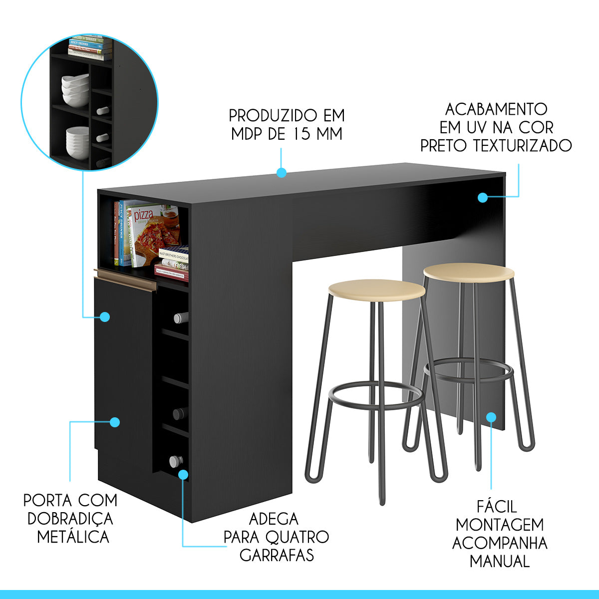 Bancada Balcão/Ilha de Cozinha Gourmet 1 Porta e Adega Menu Móveis Preto