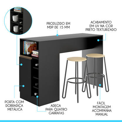 Bancada Balcão/Ilha de Cozinha Gourmet 1 Porta e Adega Menu Móveis Preto