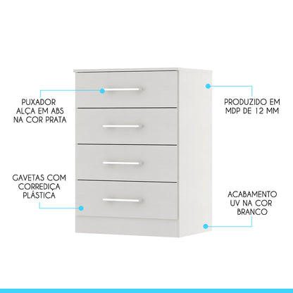Cômoda para Quarto 4 Gavetas 93cm Menu Móveis Branco