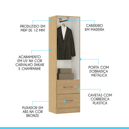 Guarda Roupas Solteiro Com 2 Portas e 2 Gavetas Menu Móveis Carvalho