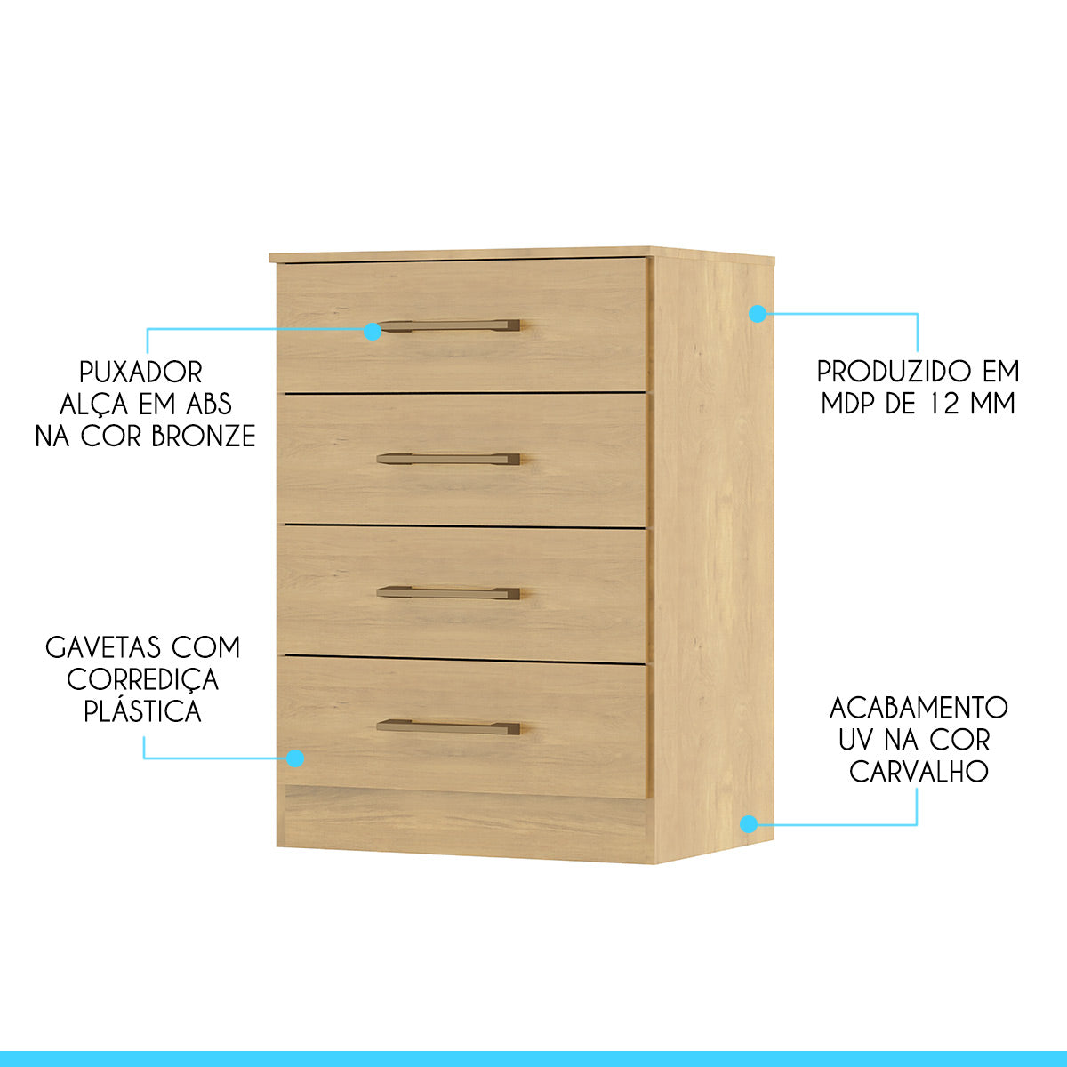 Cômoda para Quarto 4 Gavetas 93cm Menu Móveis Carvalho