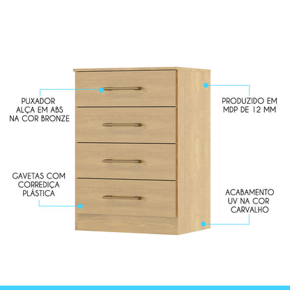 Cômoda para Quarto 4 Gavetas 93cm Menu Móveis Carvalho
