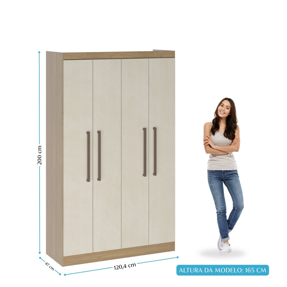Guarda Roupa Solteiro Japão 4 Portas 2 Gavetas Menu Móveis Off White/Carvalho