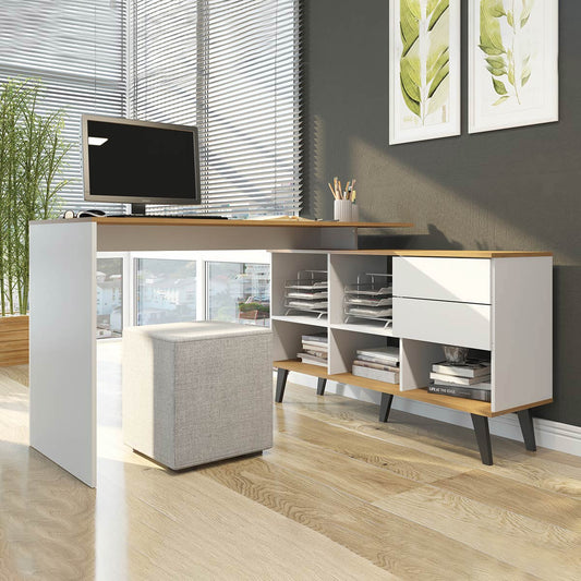 Escrivaninha de Canto Home Office 2 Gavetas e Nichos Menu Móveis Branco/Carvalho