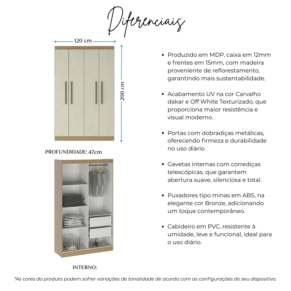 Guarda Roupa Solteiro Japão 4 Portas 2 Gavetas Menu Móveis Off White/Carvalho