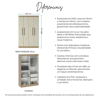 Guarda Roupa Solteiro Japão 4 Portas 2 Gavetas Menu Móveis Off White/Carvalho