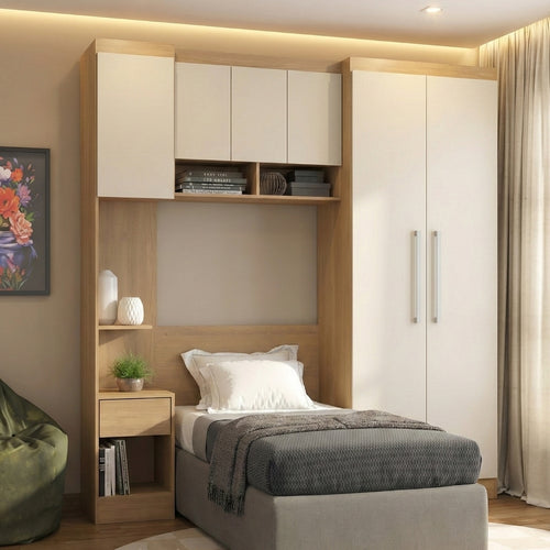 Guarda Roupas Solteiro Modulado Com Painel e Cabeceira Selene Menu Móveis Carvalho/Off White