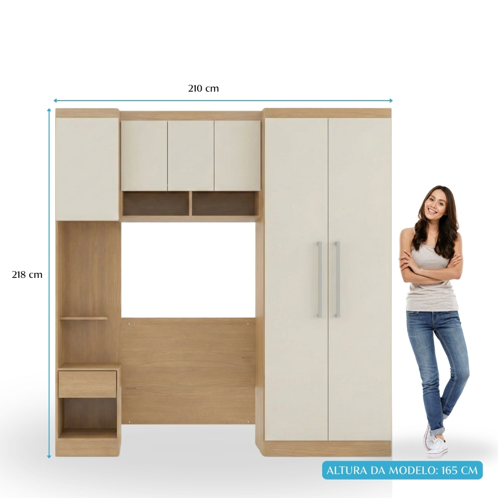 Guarda Roupas Solteiro Modulado Com Painel e Cabeceira Selene Menu Móveis Carvalho/Off White