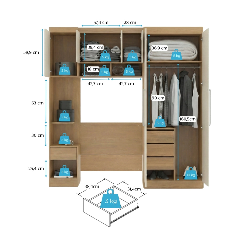 Guarda Roupas Solteiro Modulado Com Painel e Cabeceira Selene Menu Móveis Carvalho/Off White