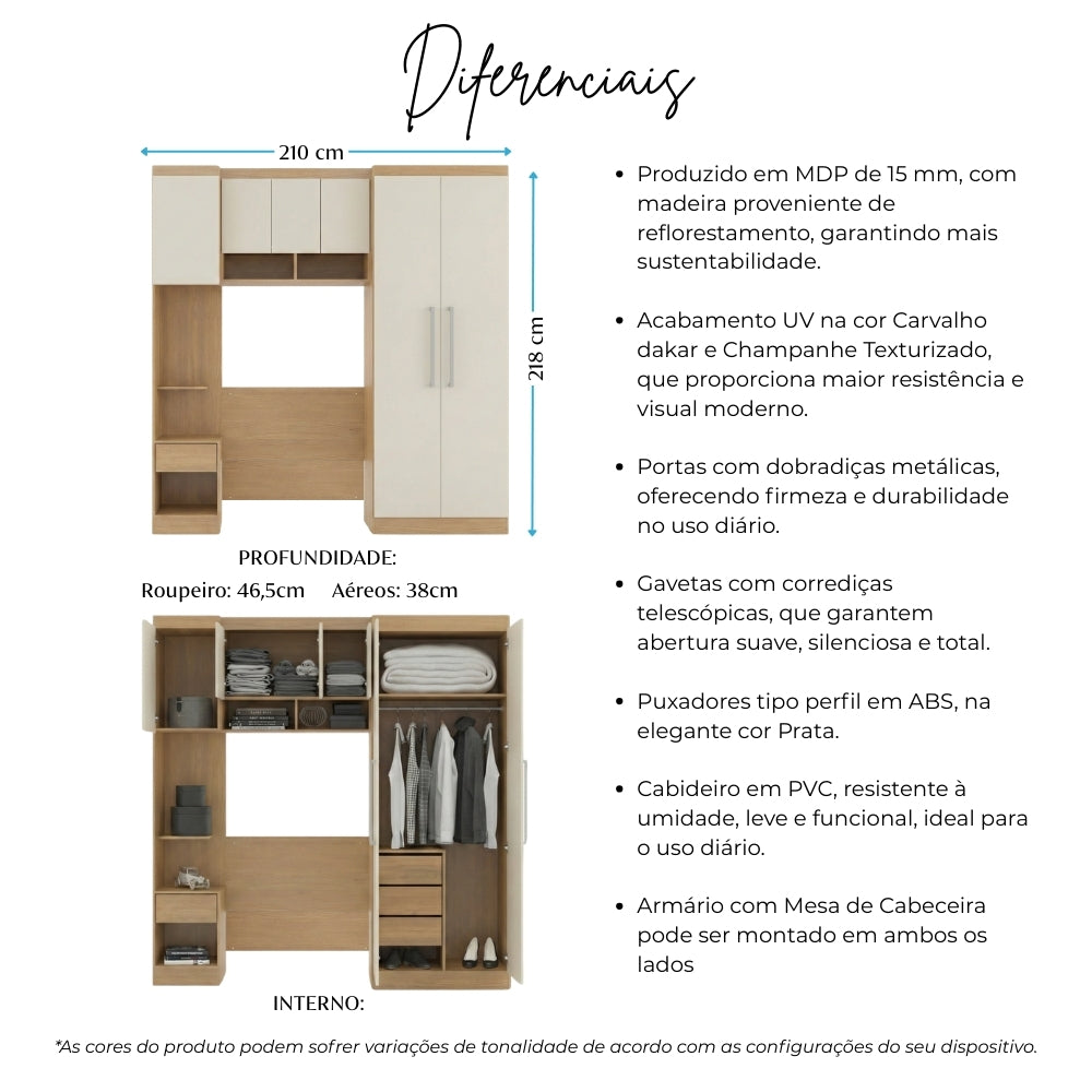 Guarda Roupas Solteiro Modulado Com Painel e Cabeceira Selene Menu Móveis Carvalho/Off White