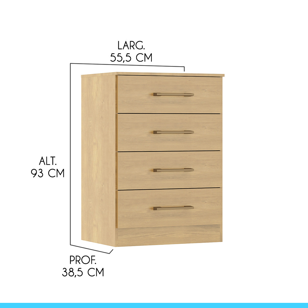 Cômoda para Quarto 4 Gavetas 93cm Menu Móveis Carvalho