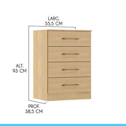 Cômoda para Quarto 4 Gavetas 93cm Menu Móveis Carvalho