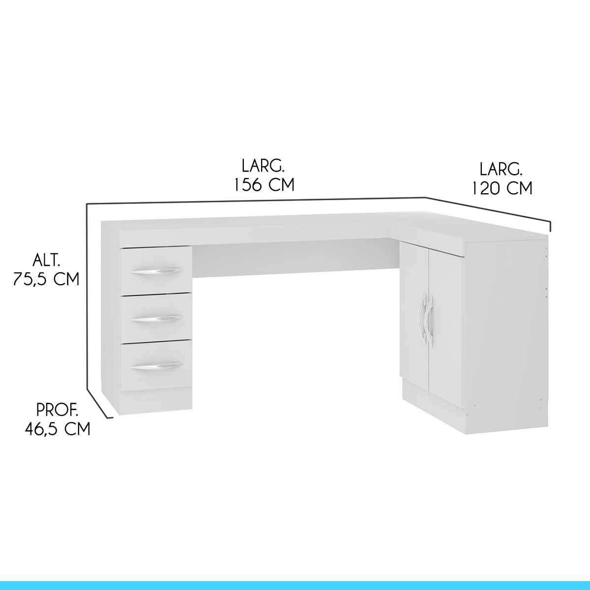 Mesa Escritório de Canto Home Office 2 Portas 3 Gavetas Menu Móveis Branco