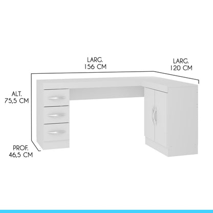 Mesa Escritório de Canto Home Office 2 Portas 3 Gavetas Menu Móveis Branco
