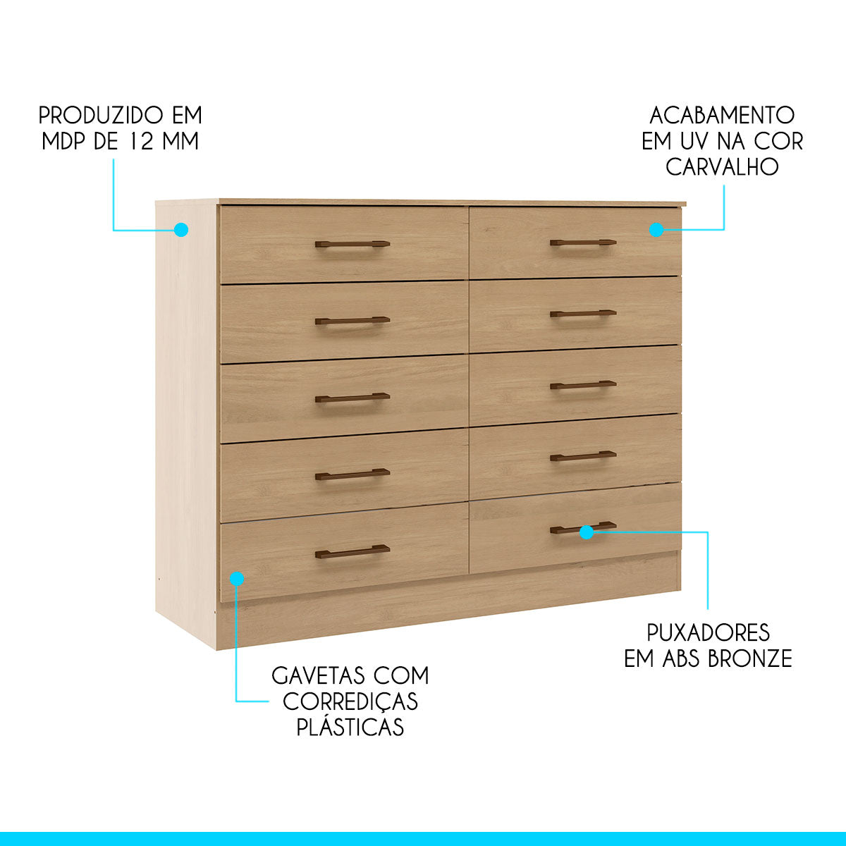 Cômoda para Quarto Casal Organizadora com 10 Gavetas Menu Móveis Carvalho