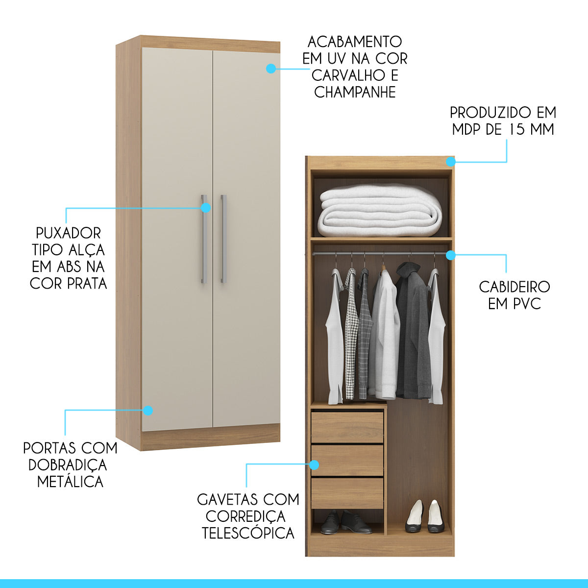 Armário 2 Portas Guarda Roupa Modulado Selene Carvalho/Off White 6005 Menu