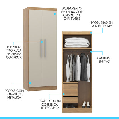 Armário 2 Portas Guarda Roupa Modulado Selene Carvalho/Off White 6005 Menu