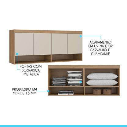 Armário Aéreo 4 Portas Guarda Roupa Modulado Selene 160x68 Cm MDP Carvalho/Off White  6003 MENU