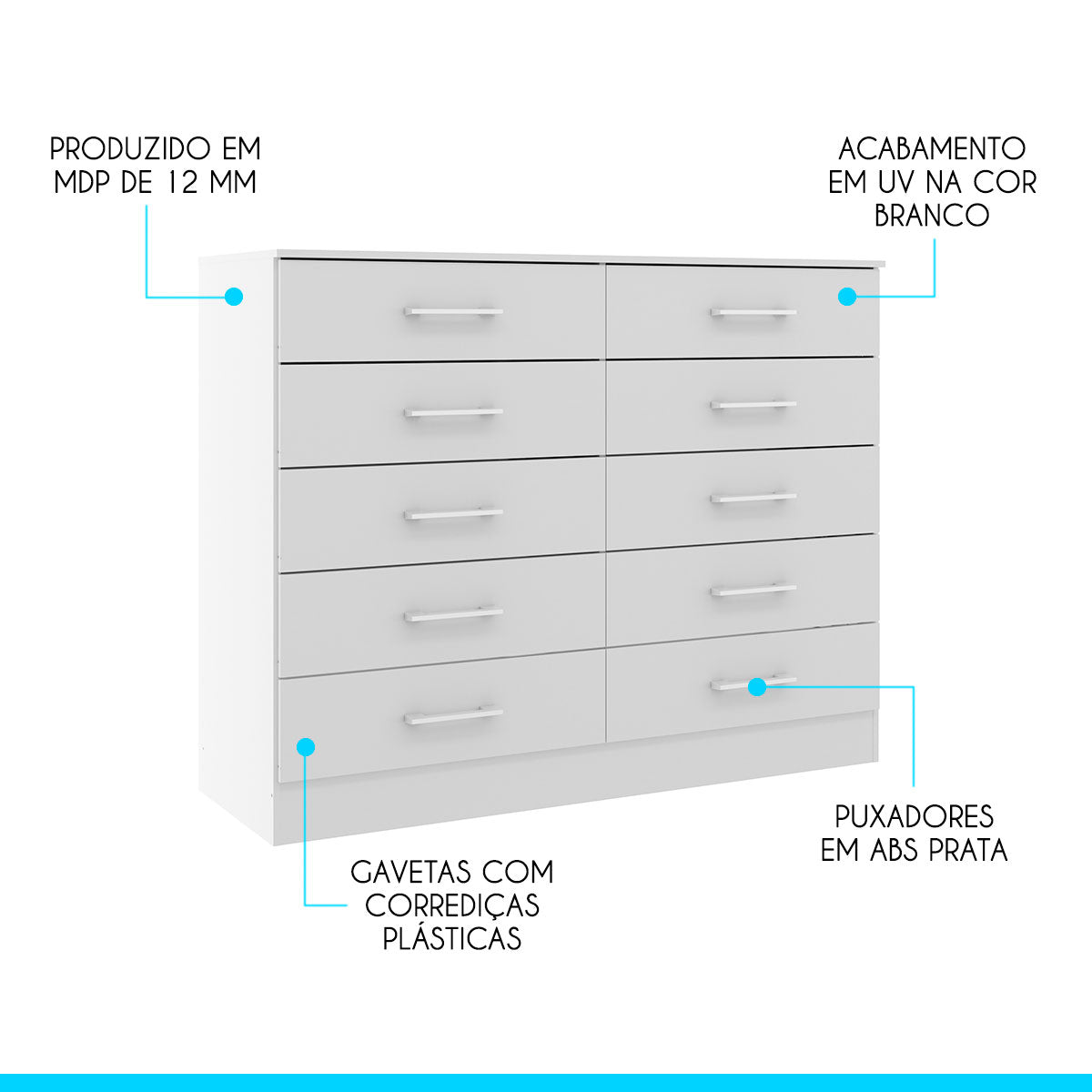 Cômoda para Quarto Casal Organizadora com 10 Gavetas Menu Móveis Branco