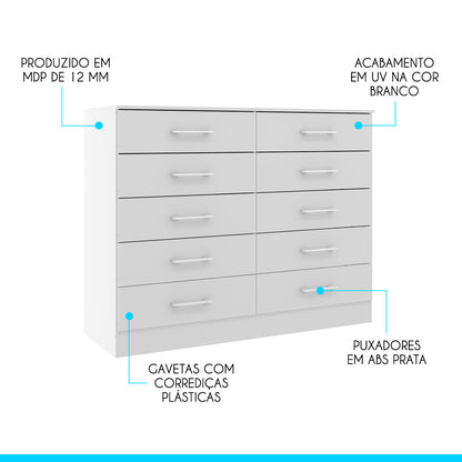 Cômoda para Quarto Casal Organizadora com 10 Gavetas Menu Móveis Branco