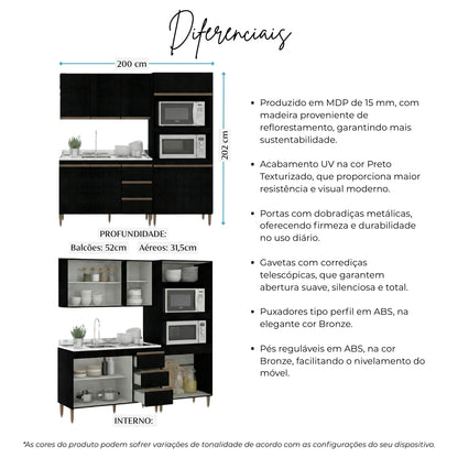 Armário de Cozinha Compacta Modulada 3 peças Milão Menu Móveis Preto