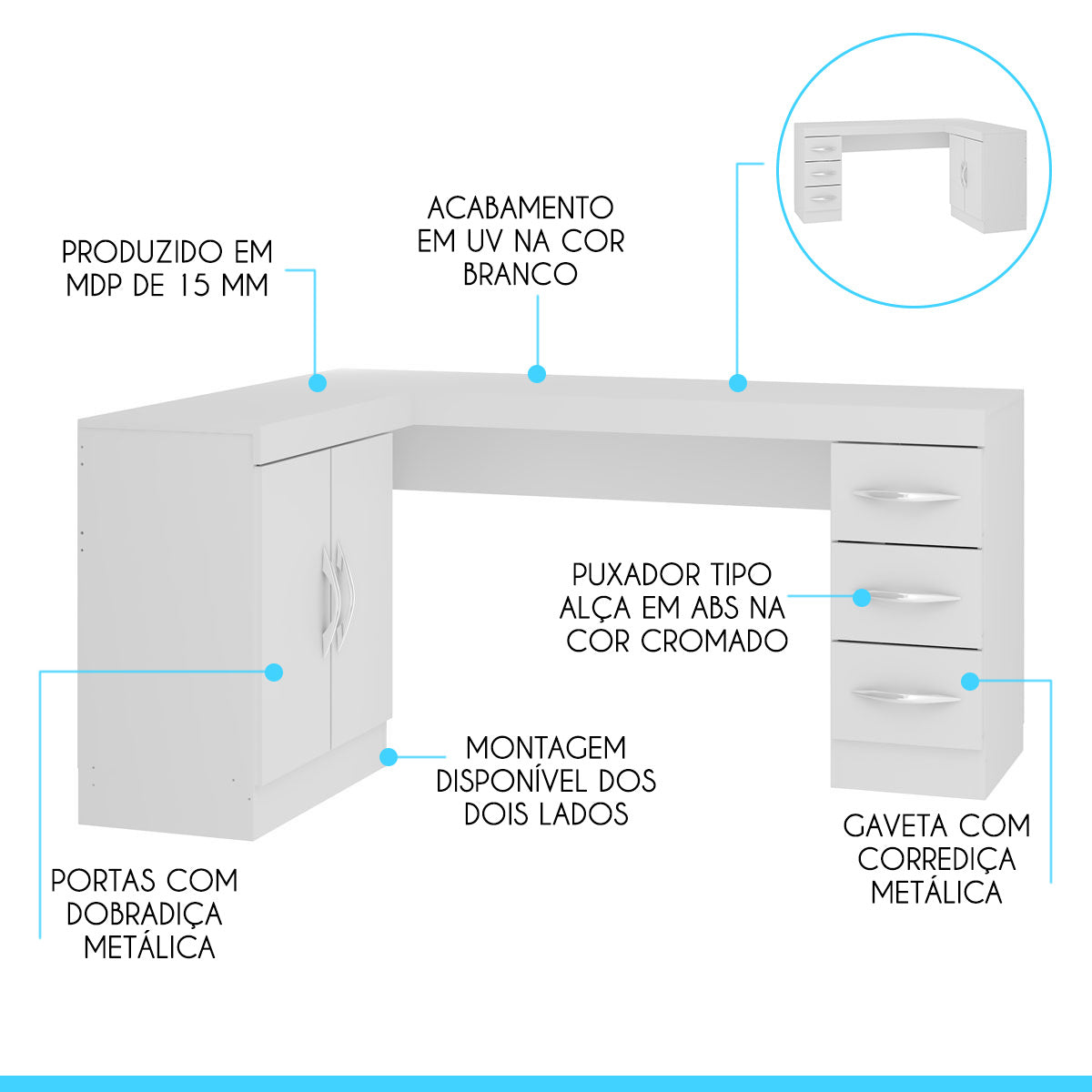 Mesa Escritório de Canto Home Office 2 Portas 3 Gavetas Menu Móveis Branco