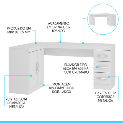 Mesa Escritório de Canto Home Office 2 Portas 3 Gavetas Menu Móveis Branco