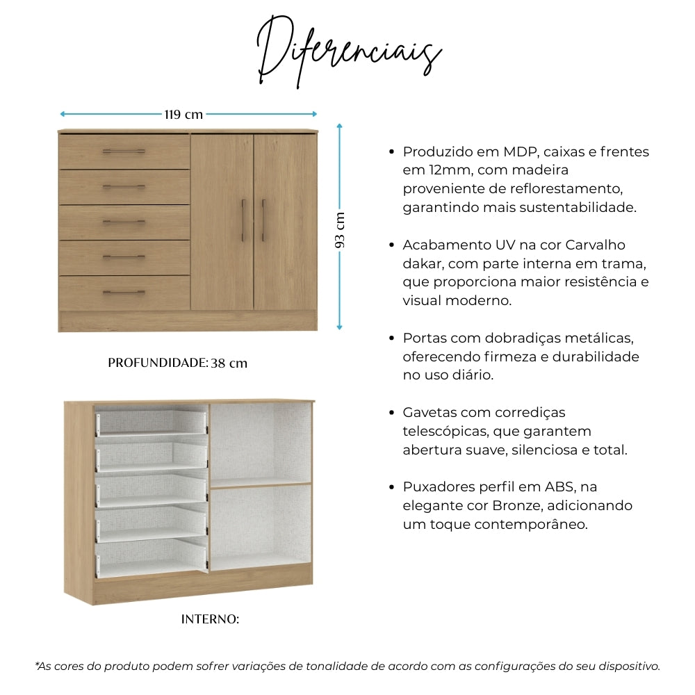 Cômoda Sapateira 2 Portas 5 Gavetas Menu Móveis Carvalho
