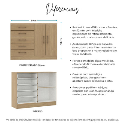 Cômoda Sapateira 2 Portas 5 Gavetas Menu Móveis Carvalho