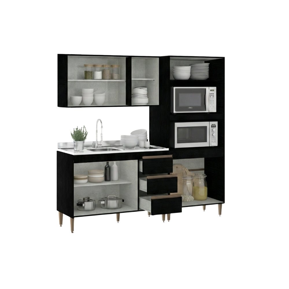 Armário de Cozinha Compacta Modulada 3 peças Milão Menu Móveis Preto