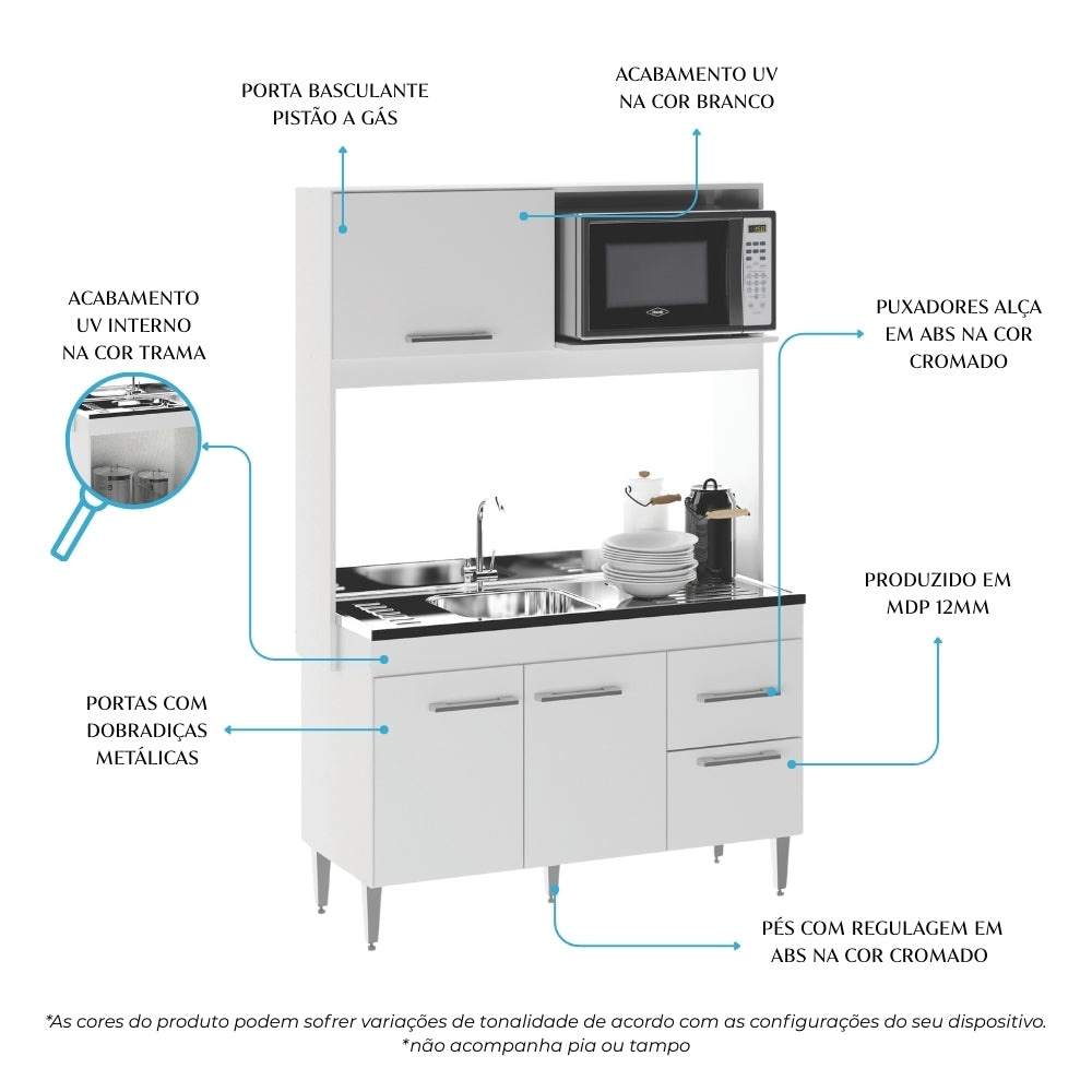 Armário de Cozinha Compacta 122 cm Helena 3 Portas Menu Móveis Branco