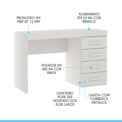 Mesa Escrivaninha Home Office Com 4 Gavetas 120cm Menu Móveis Branco