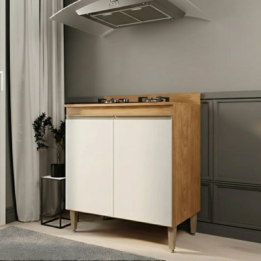 Balcão de Cooktop para Cozinha Paris com 2 Portas Menu Móveis Freijó/Branco