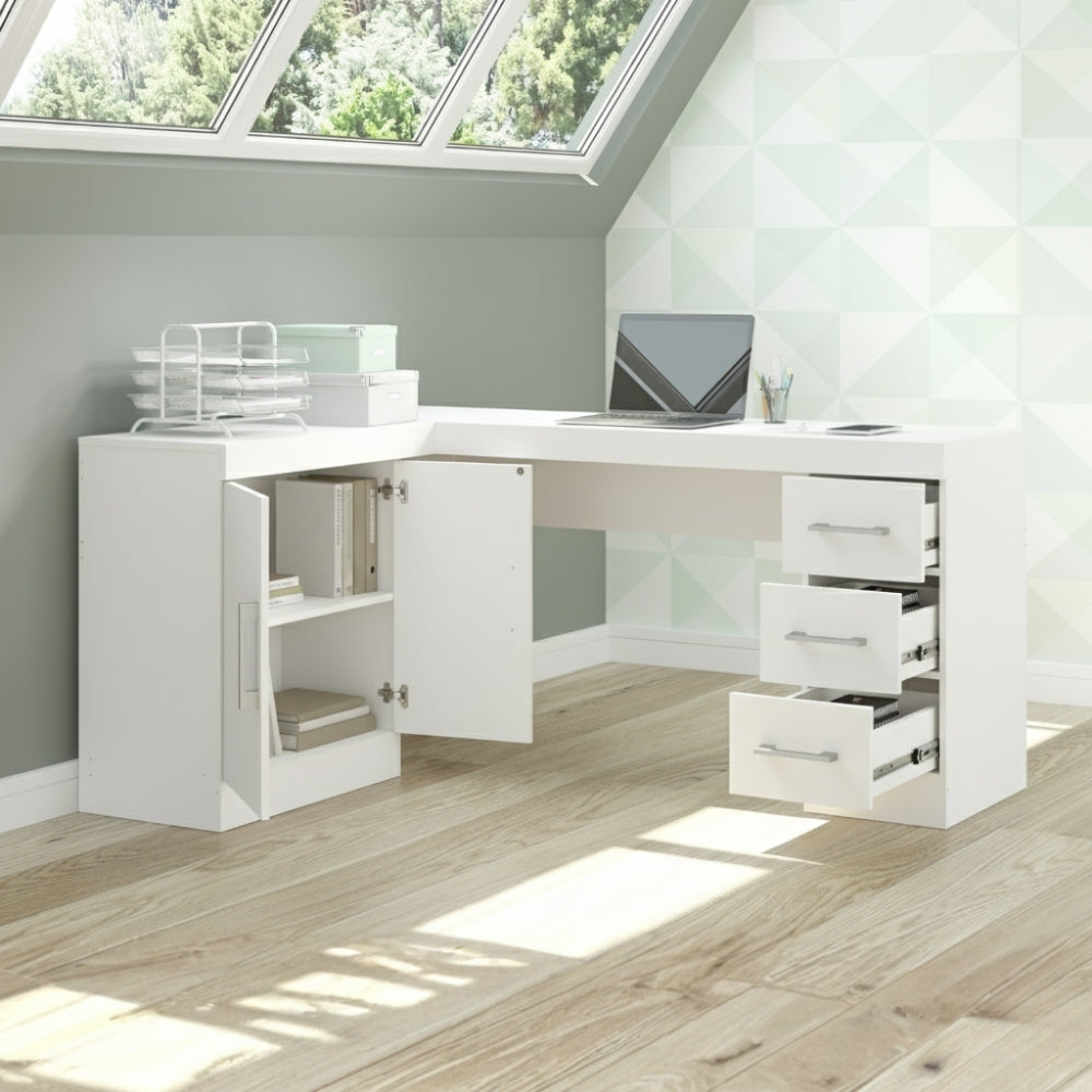 Mesa Escritório de Canto Home Office 2 Portas 3 Gavetas Menu Móveis Branco