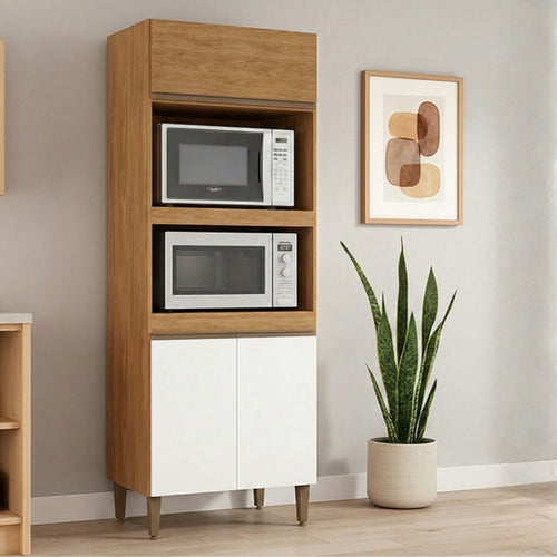 Torre Quente Forno e Microondas Para Cozinha Paris Menu Móveis Freijó/Branco
