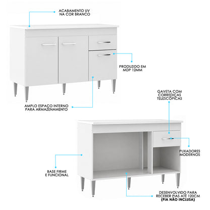 Balcão para Pia 120cm Menu Móveis Branco